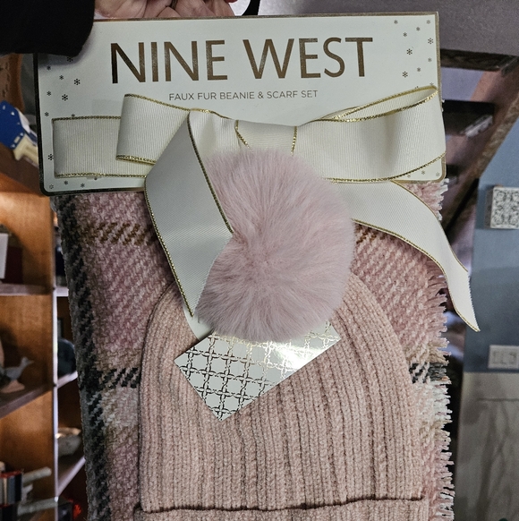 Nine West Accessories - Nine West Pink Faux Fur Beanie & Scarf Set